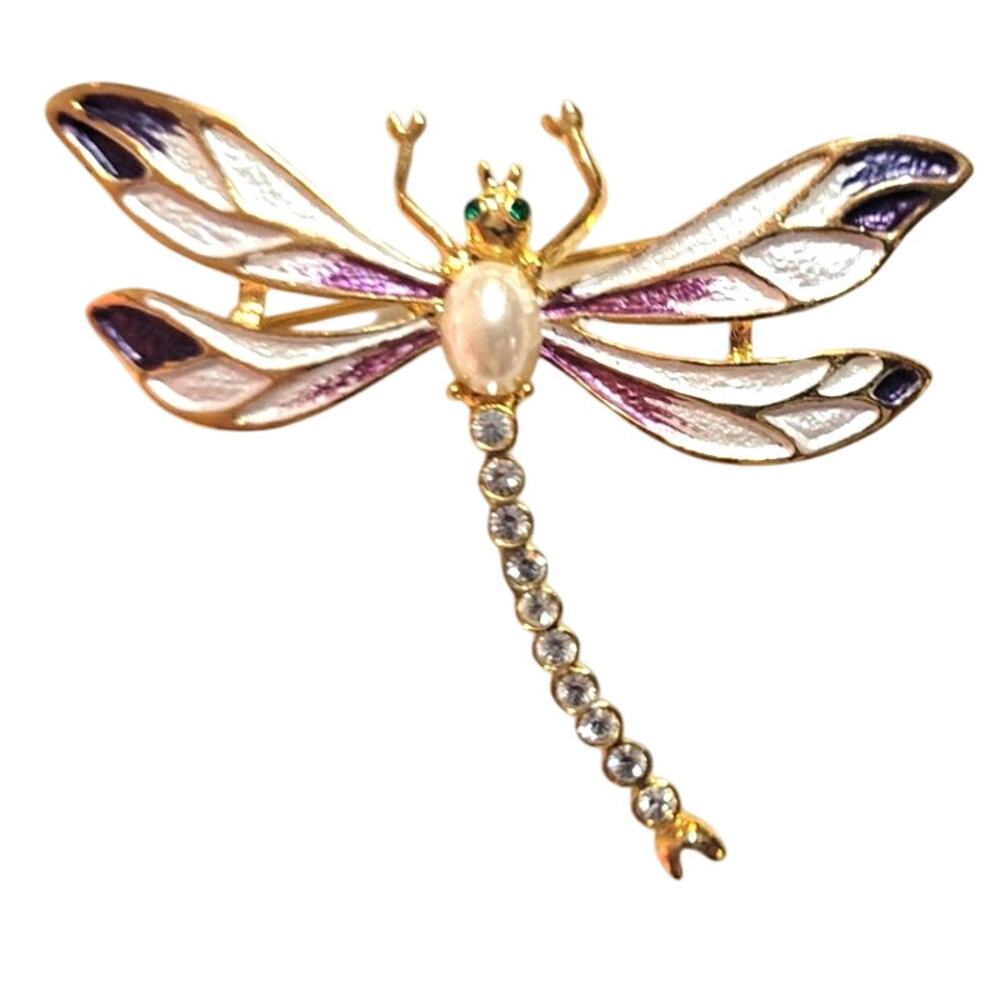 Vtg Unsigned Carucci Dragonfly Purple Enamel Faux Pearl Rhinestone Brooch 2"